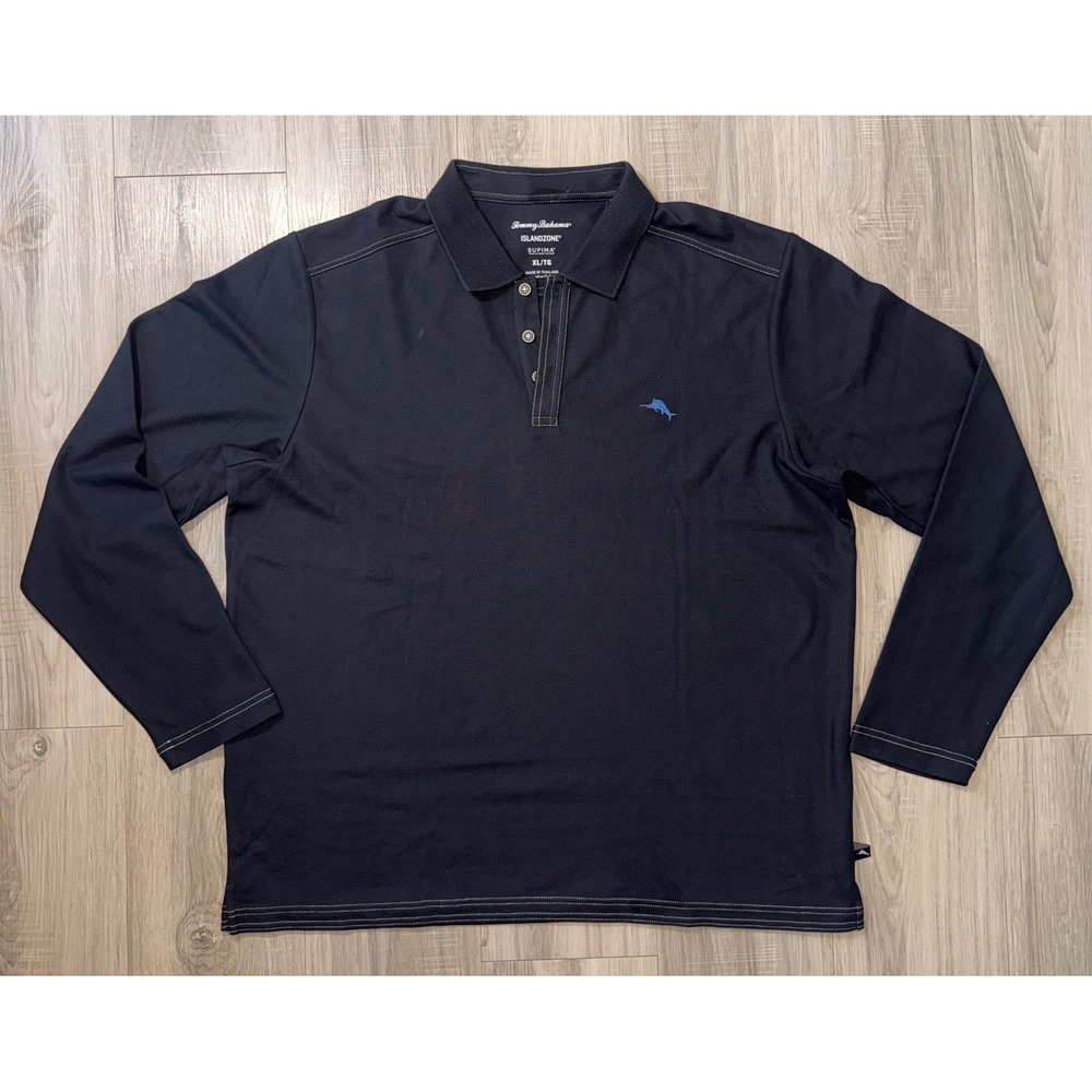 Tommy Bahama IslandZone Supima Navy Blue Long Sleeve Polo Shirt Mens XL